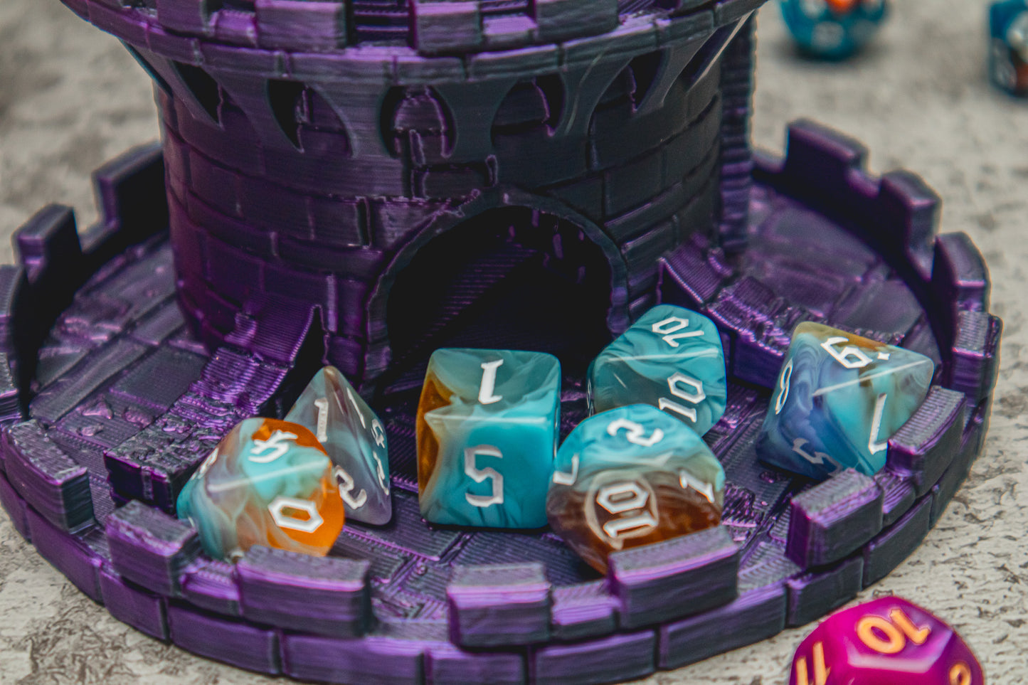 Eternal Sunrise Polyhedral dice set - The Flaming Feather & Flaming Filament