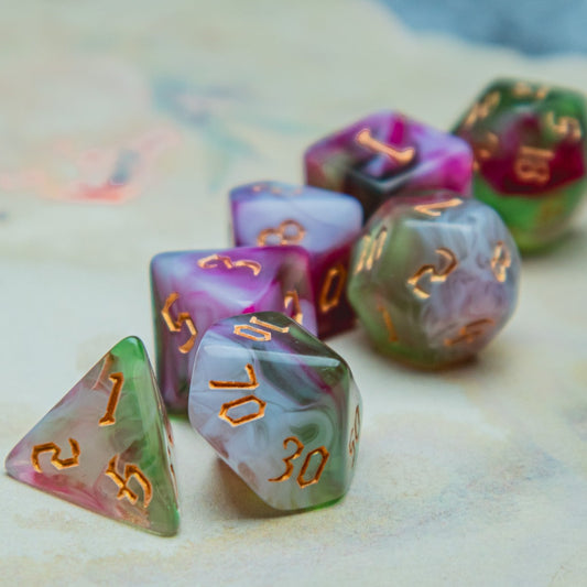 Rose Garden Polyhedral dice set - The Flaming Feather & Flaming Filament