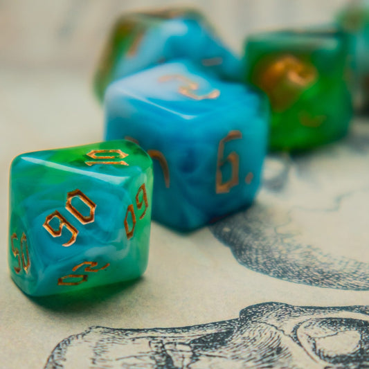 Northern Lights Polyhedral dice set - The Flaming Feather & Flaming Filament