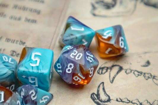 Eternal Sunrise Polyhedral dice set - The Flaming Feather & Flaming Filament