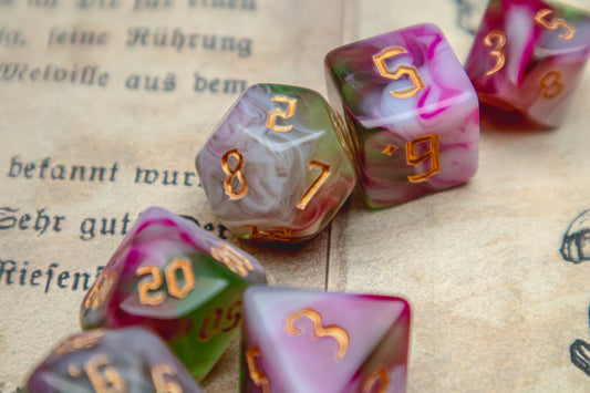 Rose Garden Polyhedral dice set - The Flaming Feather & Flaming Filament