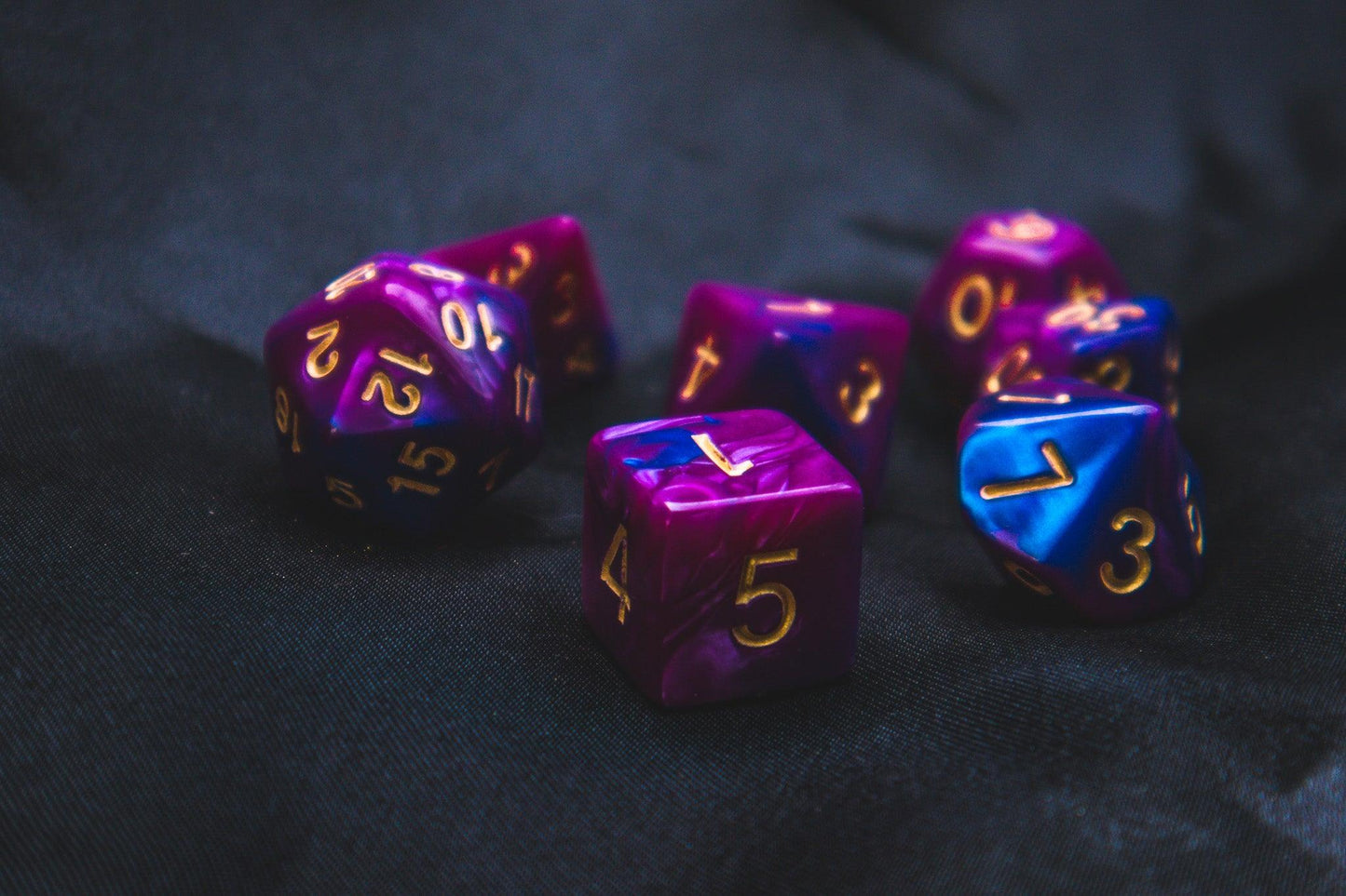 Lunar Sorcery Polyhedral dice set - Soft edge - The Flaming Feather & Flaming Filament
