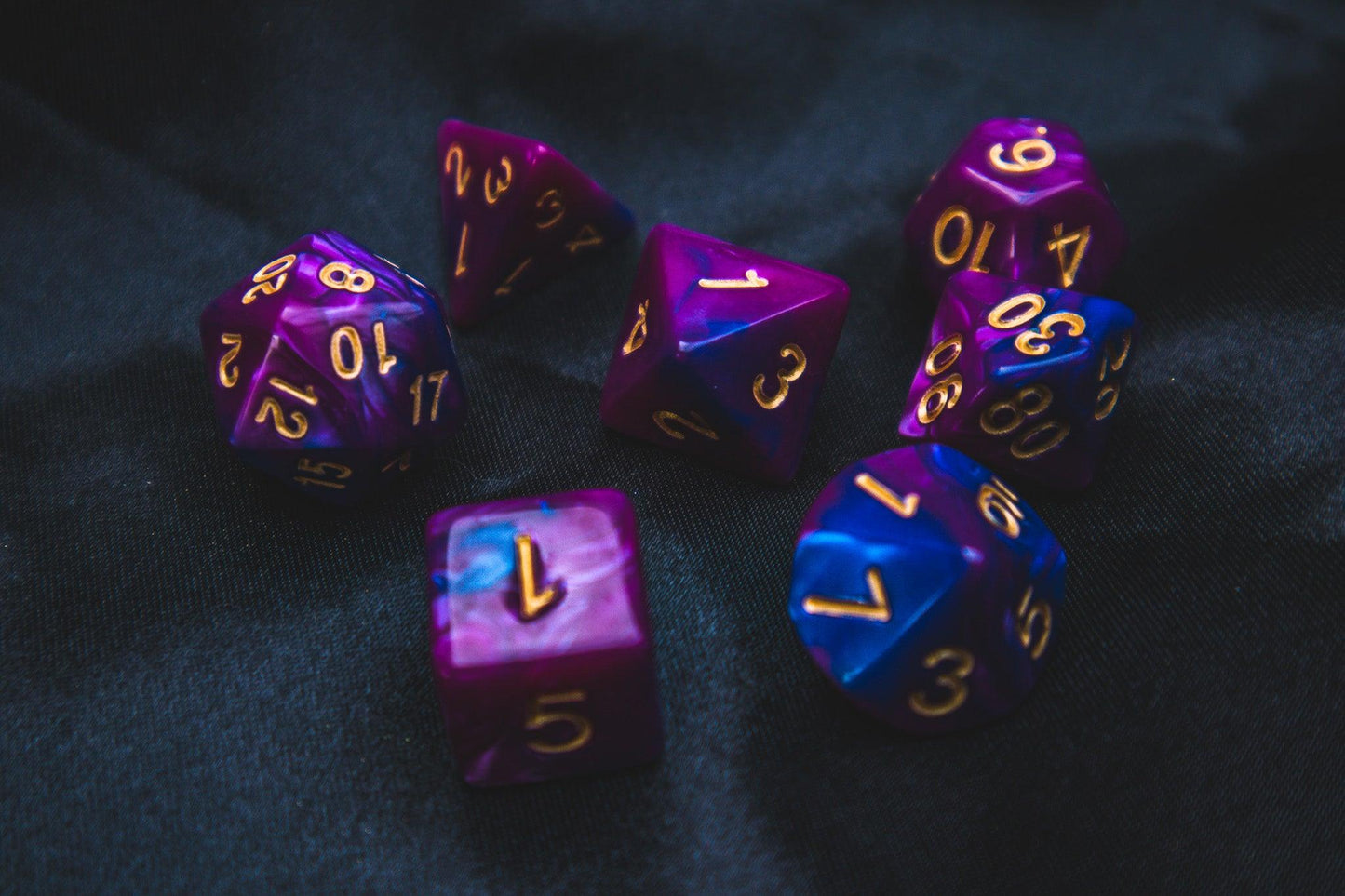 Lunar Sorcery Polyhedral dice set - Soft edge - The Flaming Feather & Flaming Filament