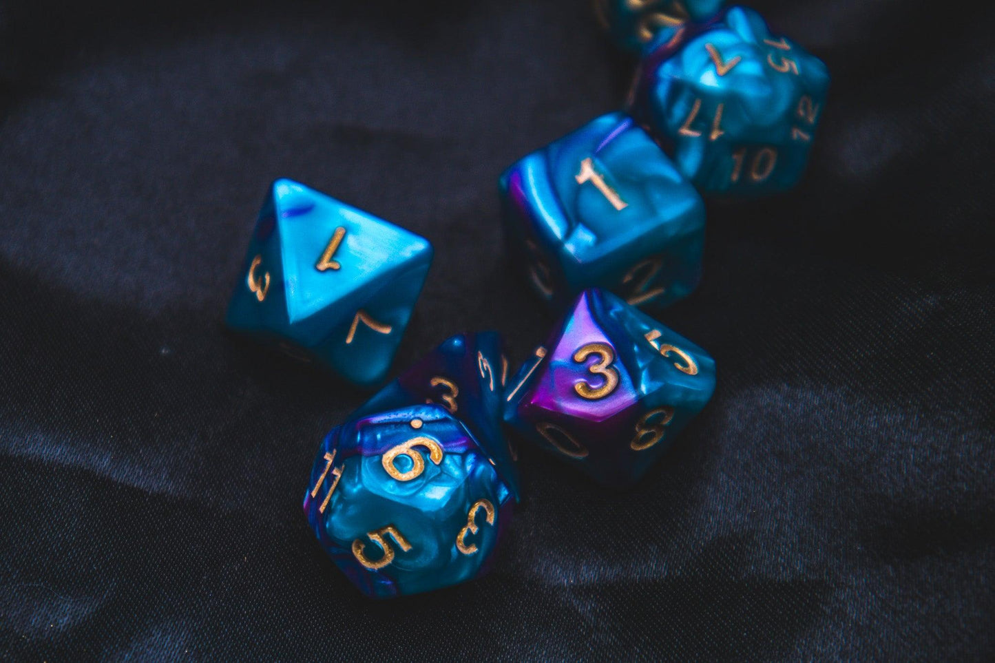 Faerie Fire Polyhedral dice set - Soft edge - The Flaming Feather & Flaming Filament