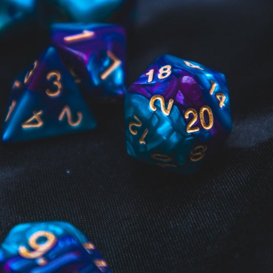 Faerie Fire Polyhedral dice set - Soft edge - The Flaming Feather & Flaming Filament