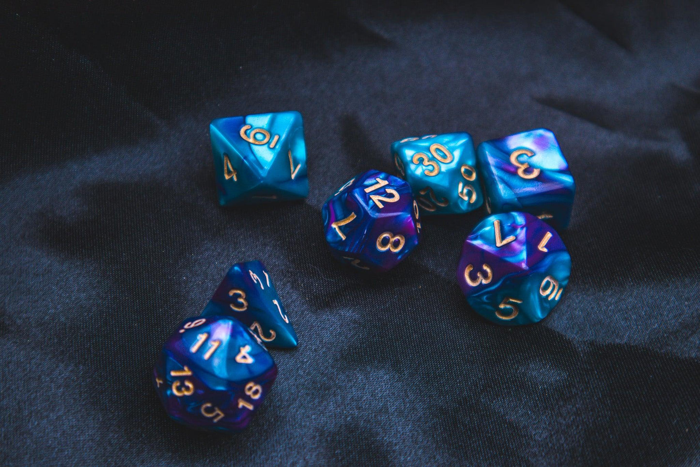 Faerie Fire Polyhedral dice set - Soft edge - The Flaming Feather & Flaming Filament