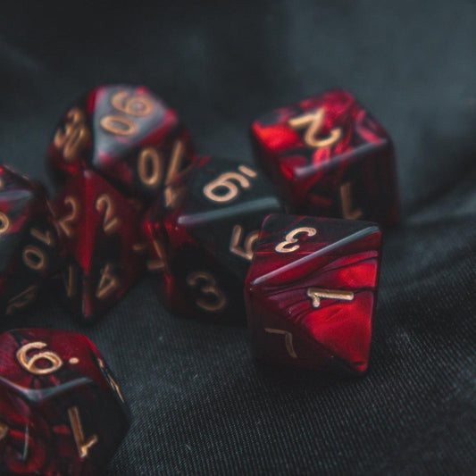 Dragon heart Polyhedral dice set - Soft edge - The Flaming Feather & Flaming Filament