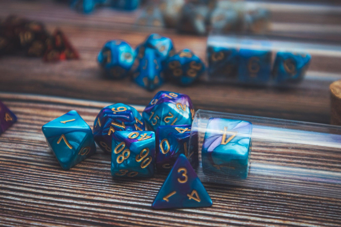 Faerie Fire Polyhedral dice set - Soft edge - The Flaming Feather & Flaming Filament