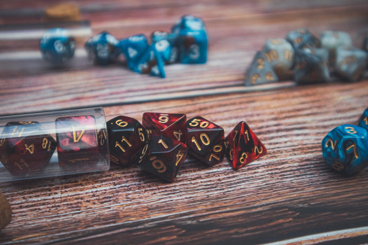 Dragon heart Polyhedral dice set - Soft edge - The Flaming Feather & Flaming Filament