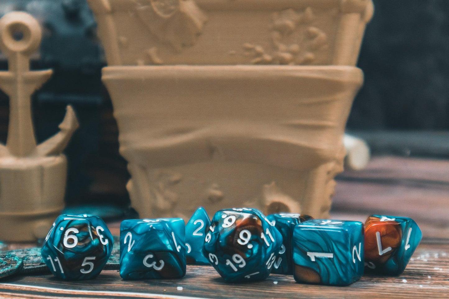 Ocean's Treasure Polyhedral dice set - Soft edge - The Flaming Feather & Flaming Filament