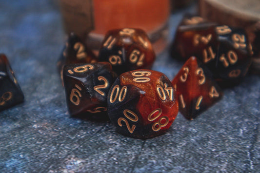 Phoenix Ashes Polyhedral dice set - Soft edge - The Flaming Feather & Flaming Filament