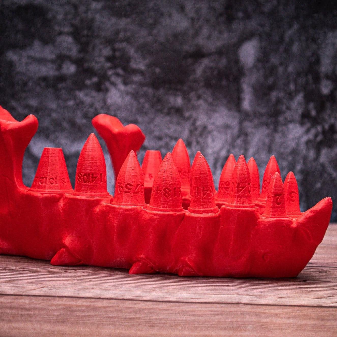 Dragon teeth dice set + holder - The Flaming Feather & Flaming Filament