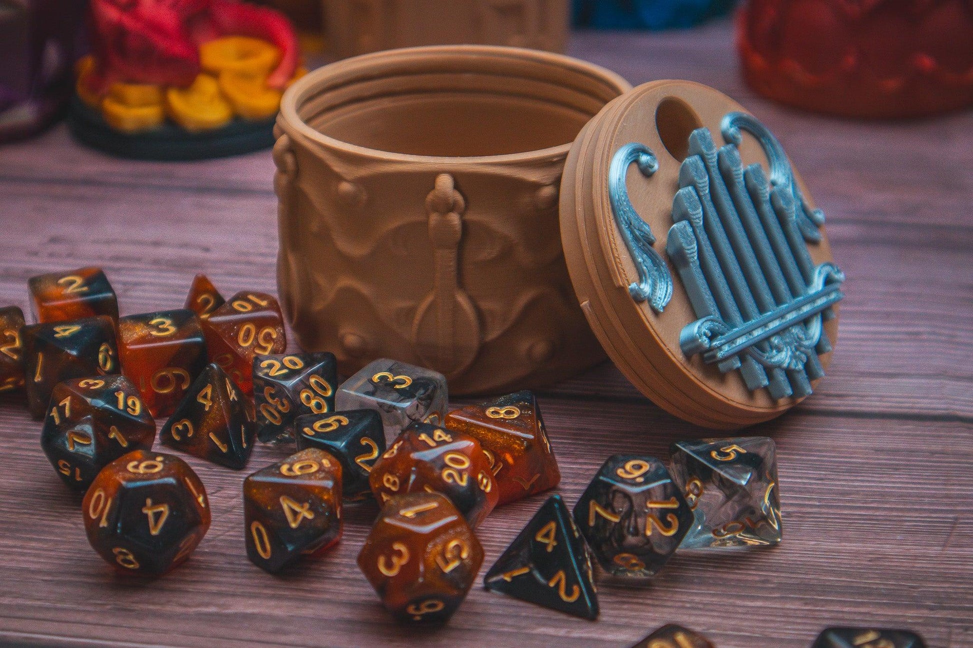 Bard dice box - The Flaming Feather & Flaming Filament