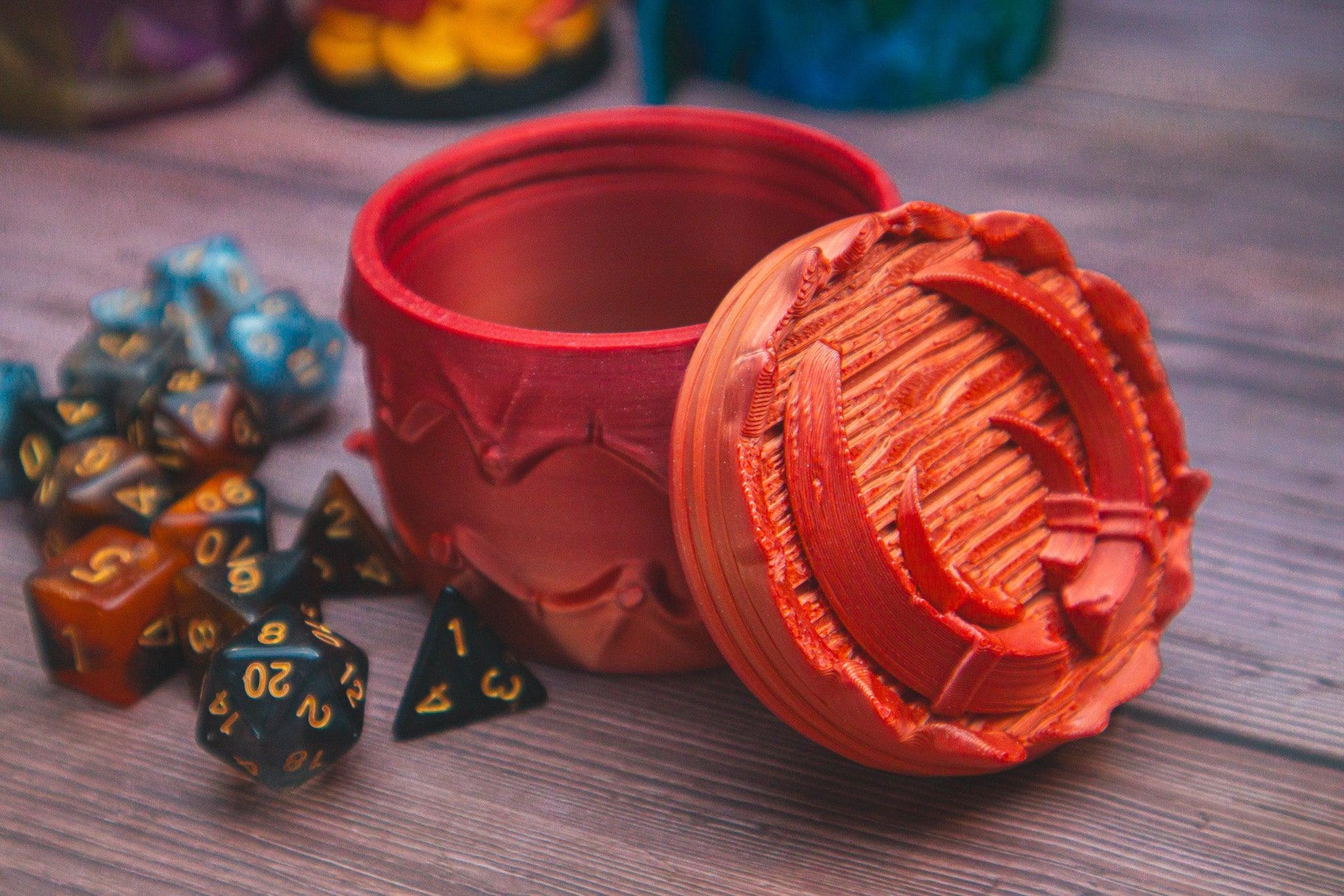 Barbarian dice box - The Flaming Feather & Flaming Filament