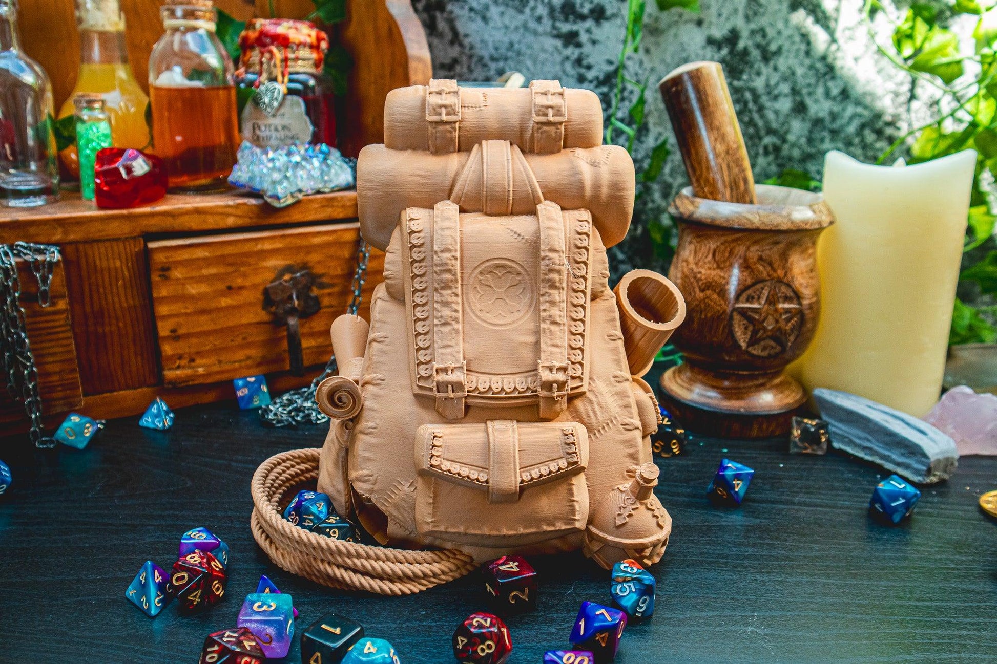Adventurer's Backpack Dice Tower - The Flaming Feather & Flaming Filament