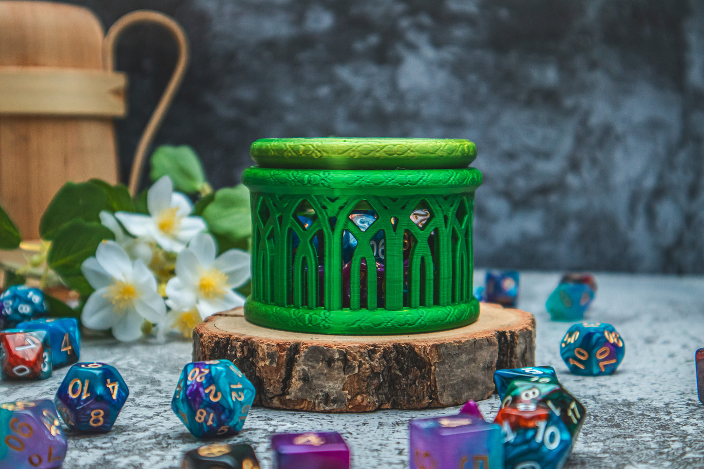 Elf dice box - The Flaming Feather & Flaming Filament