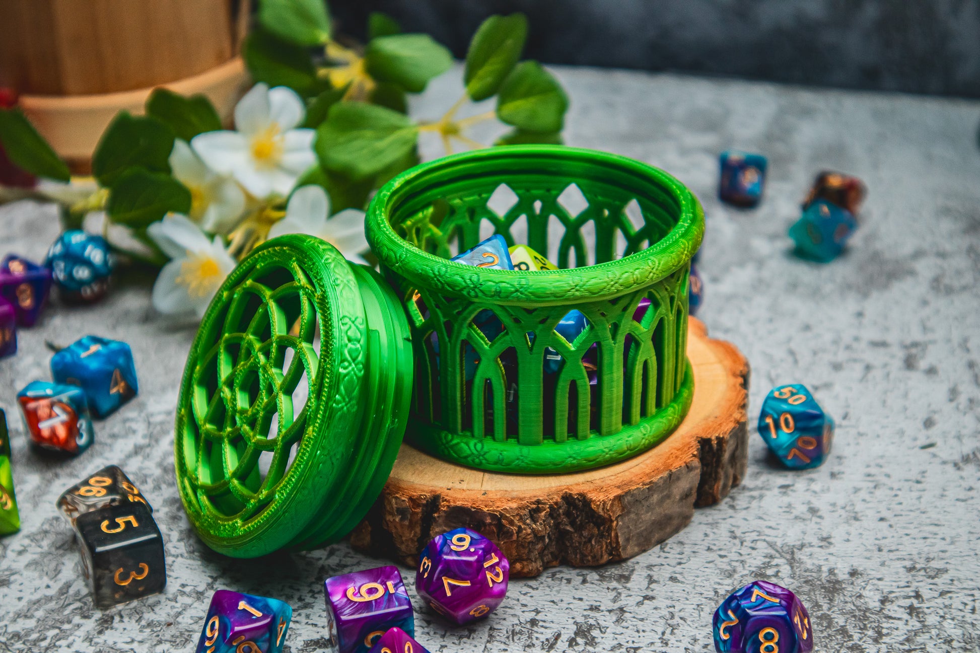 Elf dice box - The Flaming Feather & Flaming Filament
