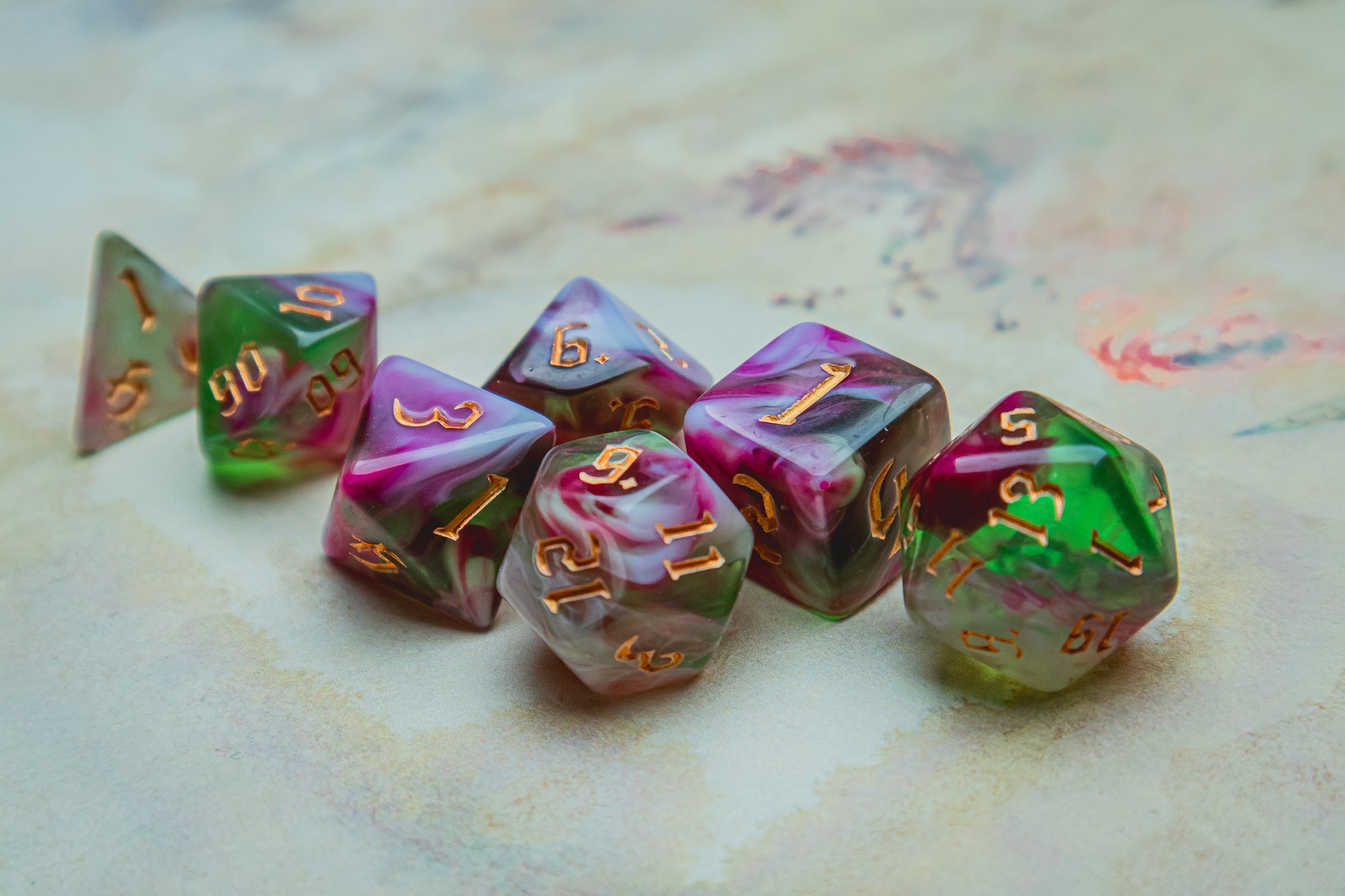 Rose Garden Polyhedral dice set - The Flaming Feather & Flaming Filament