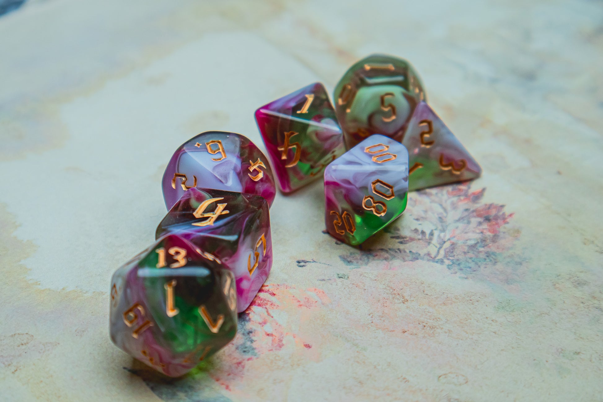 Rose Garden Polyhedral dice set - The Flaming Feather & Flaming Filament