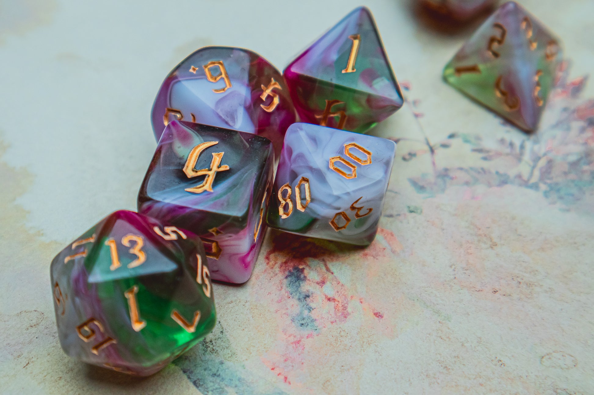 Rose Garden Polyhedral dice set - The Flaming Feather & Flaming Filament