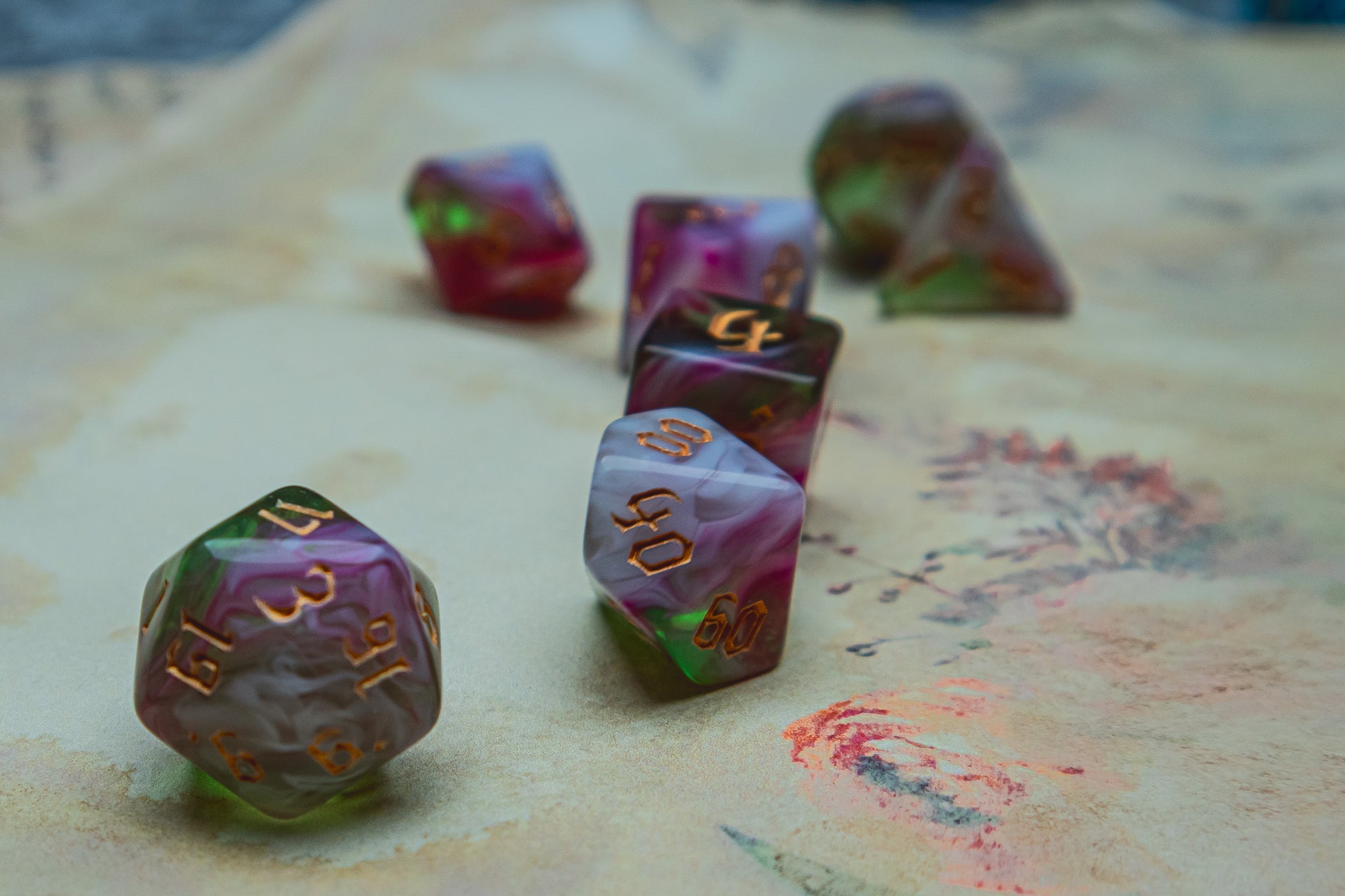 Rose Garden Polyhedral dice set - The Flaming Feather & Flaming Filament