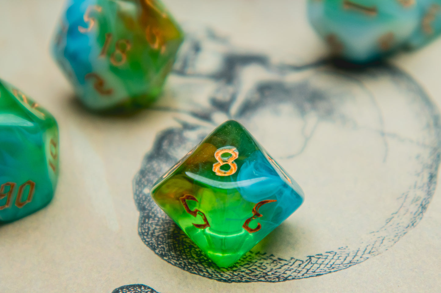 Northern Lights Polyhedral dice set - The Flaming Feather & Flaming Filament