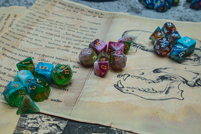 Northern Lights Polyhedral dice set - The Flaming Feather & Flaming Filament