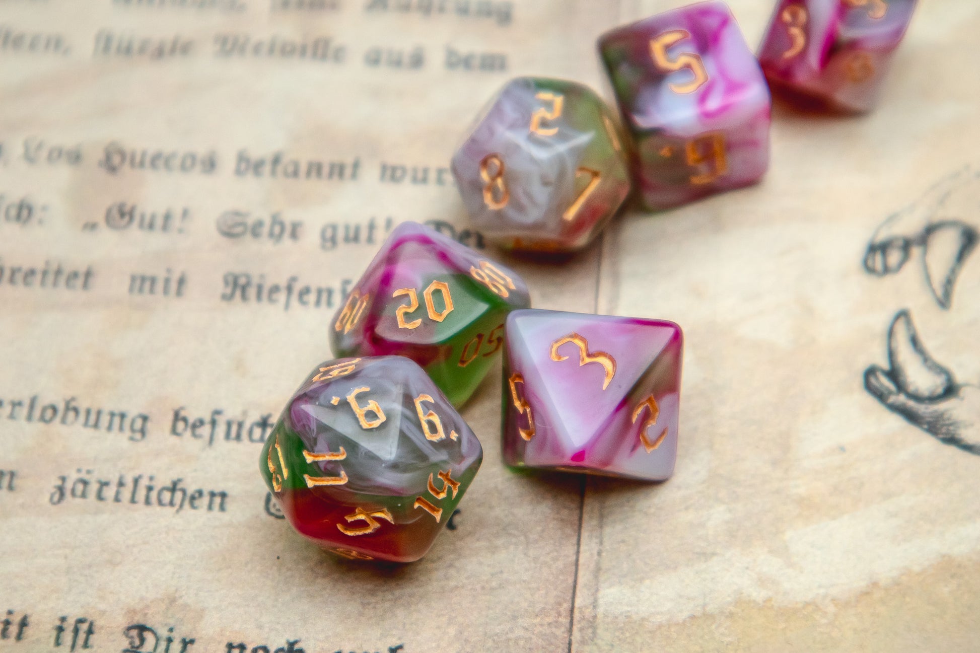 Rose Garden Polyhedral dice set - The Flaming Feather & Flaming Filament