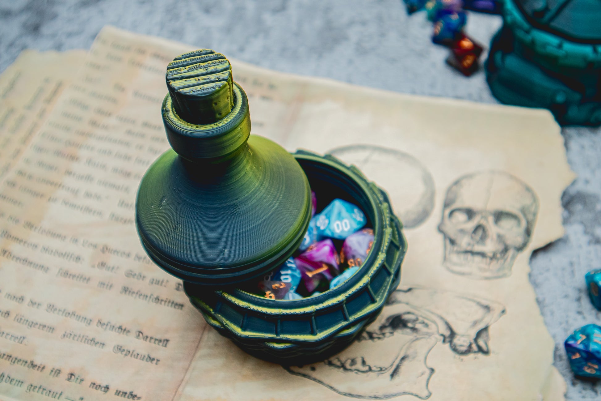 Halfling dice box - The Flaming Feather & Flaming Filament
