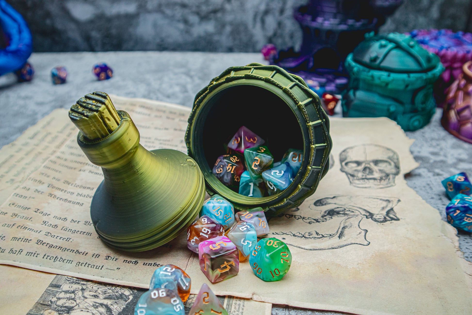Halfling dice box - The Flaming Feather & Flaming Filament