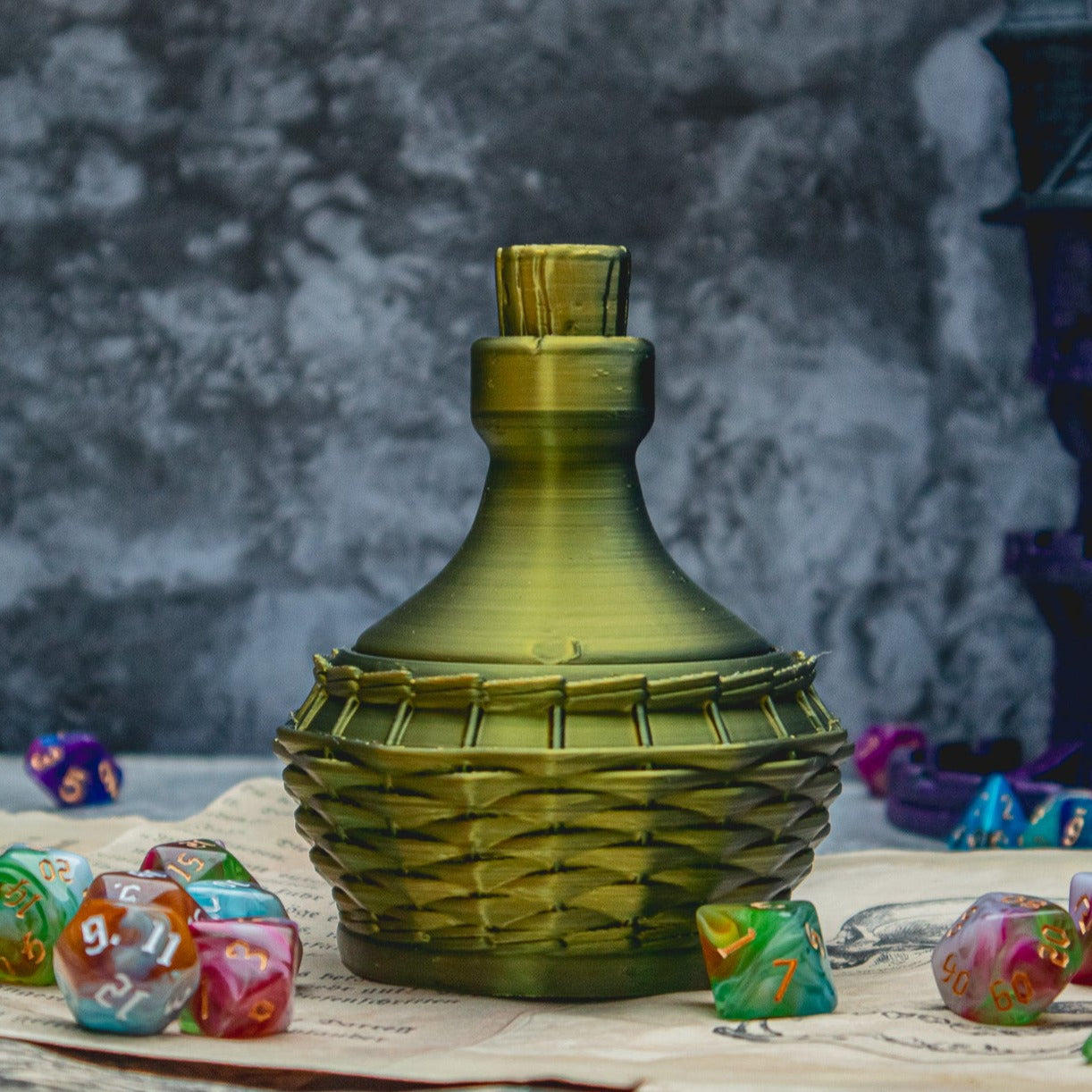Halfling dice box - The Flaming Feather & Flaming Filament