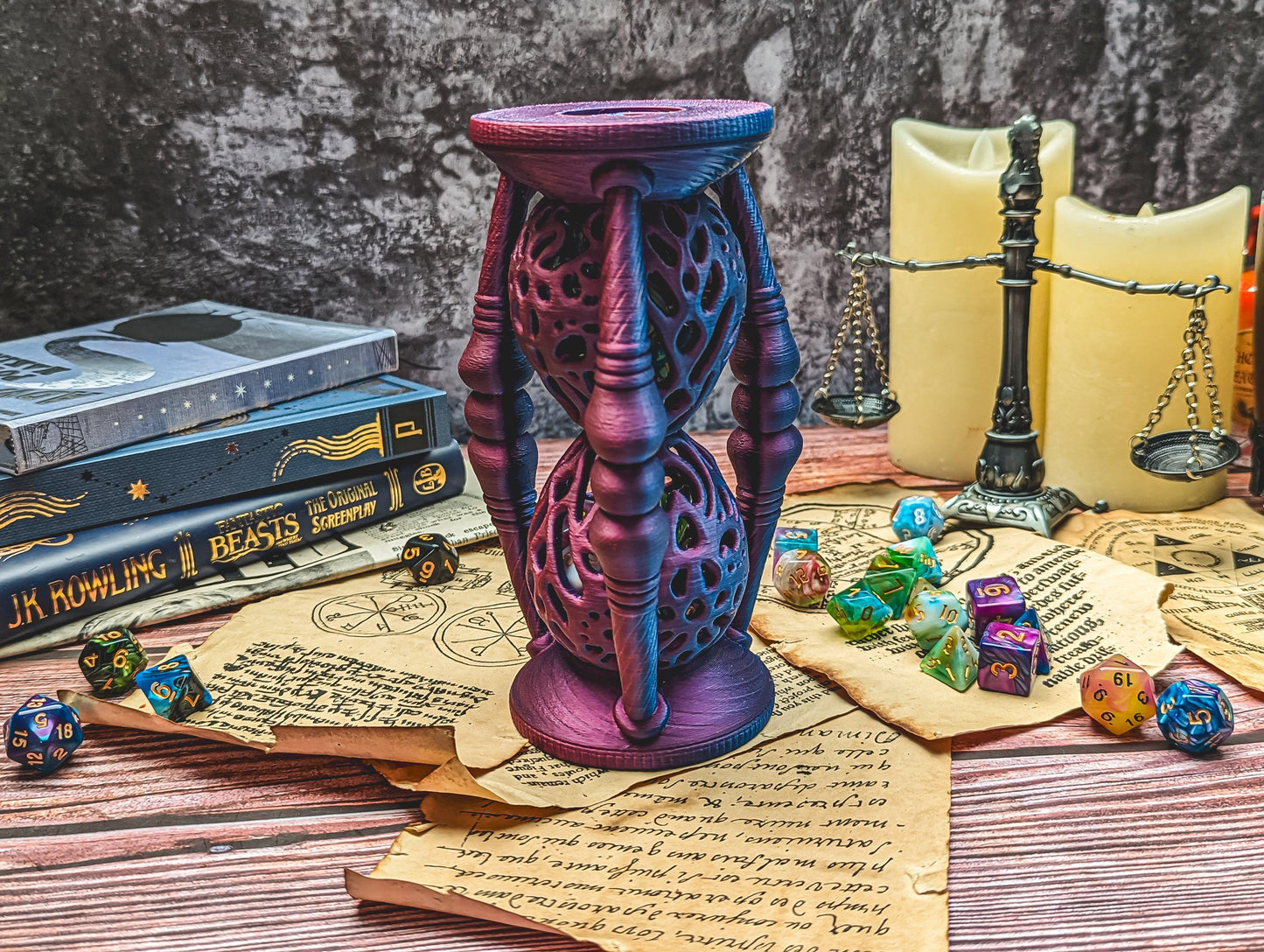 Wizard Hourglass dice holder - The Flaming Feather & Flaming Filament