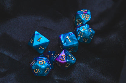 Faerie Fire Polyhedral dice set - Soft edge - The Flaming Feather & Flaming Filament
