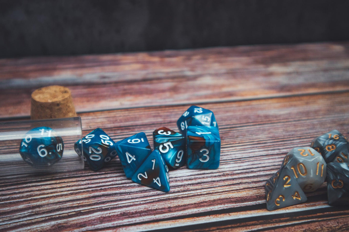 Ocean's Treasure Polyhedral dice set - Soft edge - The Flaming Feather & Flaming Filament