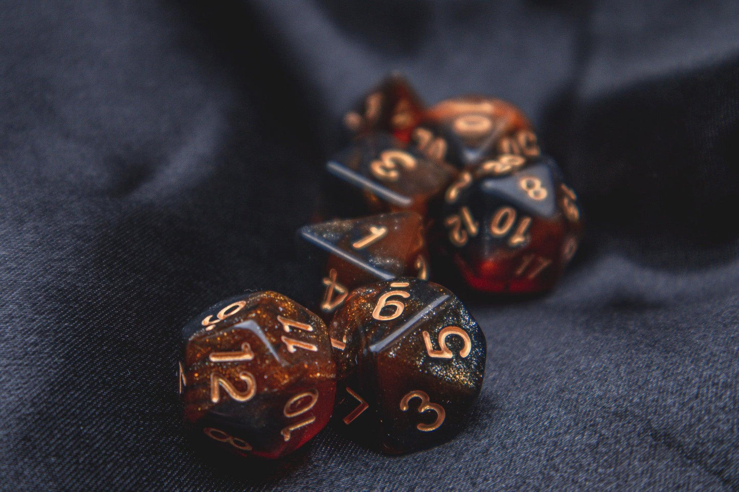 Phoenix Ashes Polyhedral dice set - Soft edge - The Flaming Feather & Flaming Filament