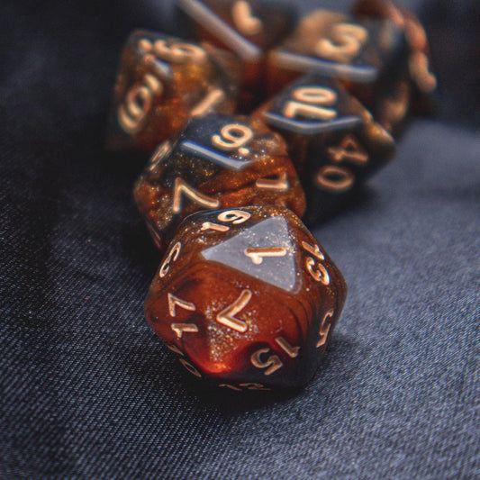 Phoenix Ashes Polyhedral dice set - Soft edge - The Flaming Feather & Flaming Filament